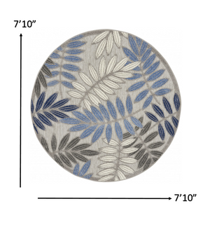 Homeroots 8' Round Blue And Gray Round Floral Indoor Outdoor Area Rug  Polypropylene 384876