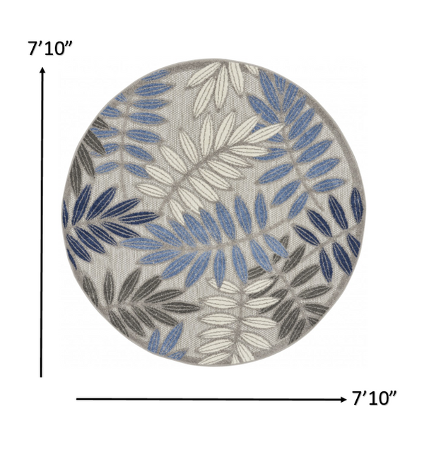 Homeroots 8' Round Blue And Gray Round Floral Indoor Outdoor Area Rug  Polypropylene 384876