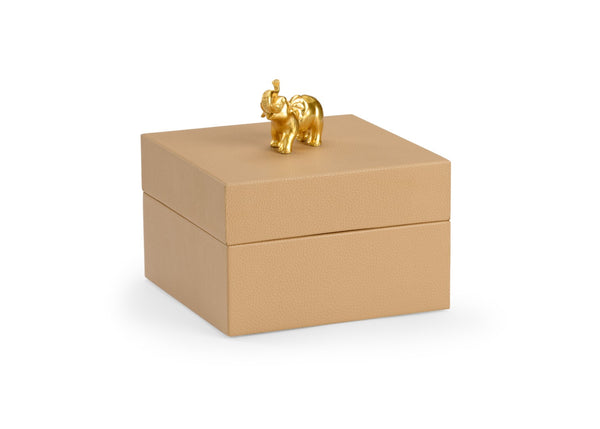 Chelsea House Elephant Tan Faux-Leather Box With Gold Elephant Handle, Felt-Lined Wooden Storage For Jewelry Decor 384880