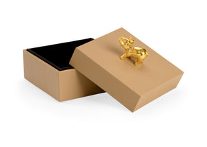 Chelsea House Elephant Tan Faux-Leather Box With Gold Elephant Handle, Felt-Lined Wooden Storage For Jewelry Decor 384880