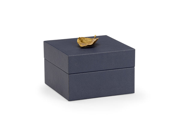 Chelsea House Leaf Felt-Lined Wooden Box In Navy Faux Leather With Gold Leaf Handle — Compact Luxury Storage For Keepsakes, Jewelry & Office Essentials 384881