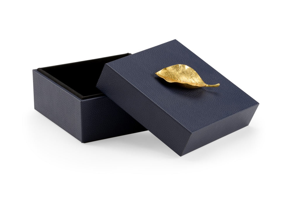 Chelsea House Leaf Felt-Lined Wooden Box In Navy Faux Leather With Gold Leaf Handle — Compact Luxury Storage For Keepsakes, Jewelry & Office Essentials 384881