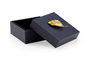 Chelsea House Leaf Felt-Lined Wooden Box In Navy Faux Leather With Gold Leaf Handle — Compact Luxury Storage For Keepsakes, Jewelry & Office Essentials 384881