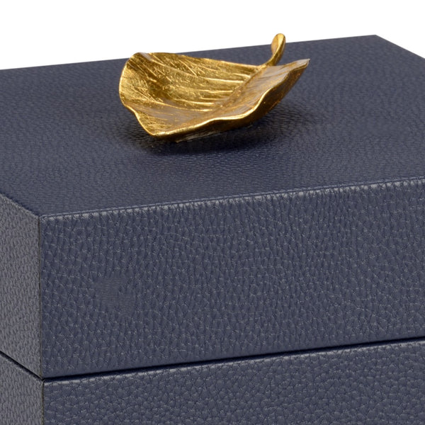 Chelsea House Leaf Felt-Lined Wooden Box In Navy Faux Leather With Gold Leaf Handle — Compact Luxury Storage For Keepsakes, Jewelry & Office Essentials 384881