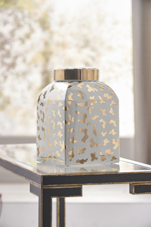 Chelsea House Jungle Shayla Copas White Ginger Jar With Metallic Satin Gold Cheetah Print — 12.5" Ceramic Accent Piece 384902