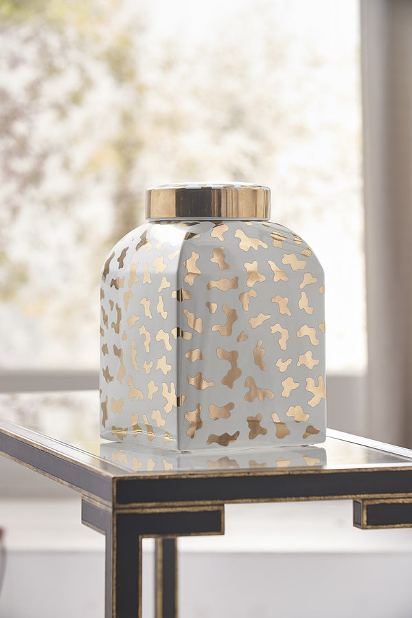 Chelsea House Jungle Shayla Copas White Ginger Jar With Metallic Satin Gold Cheetah Print — 12.5" Ceramic Accent Piece 384902