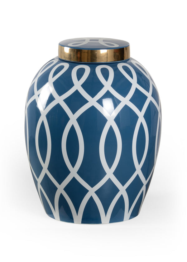Chelsea House Sarah Ceramic Ginger Jar With Blue Glaze & Satin Gold Geometric Motif — 22" Sculptural Accent For Mantel, Shelf Decor 384904