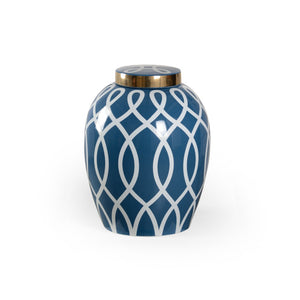 Chelsea House Sarah Ceramic Ginger Jar With Blue Glaze & Satin Gold Geometric Motif — 22" Sculptural Accent For Mantel, Shelf Decor 384904