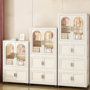 English Elm 25.59" Cream White Folding Wardrobe with Wheels, Magnetic Door, Durable PP, 1 Closet + 3 Boxes +10 Hangers W2873P239389