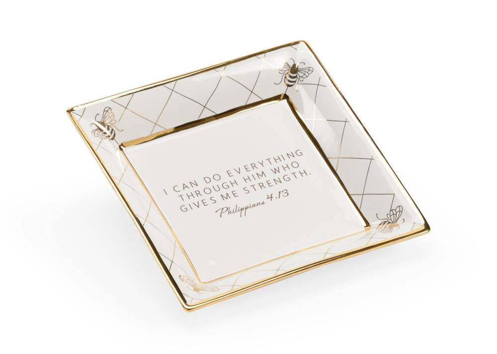 Chelsea House Square Bee Verse Plate Shayla Copas — White Ceramic Decorative Plate With Gold Bee Border & Verse Giftable Elegance 384934