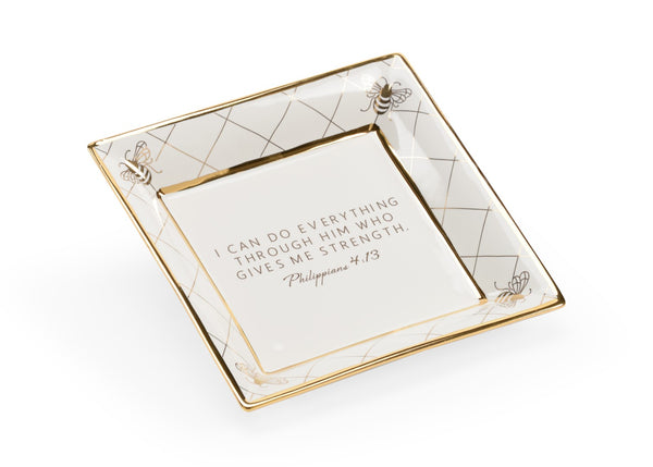 Chelsea House Square Bee Verse Plate Shayla Copas — White Ceramic Decorative Plate With Gold Bee Border & Verse Giftable Elegance 384934