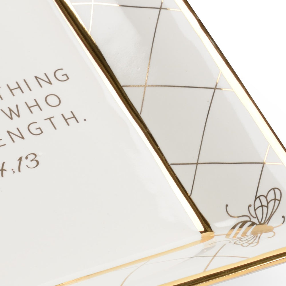 Chelsea House Square Bee Verse Plate Shayla Copas — White Ceramic Decorative Plate With Gold Bee Border & Verse Giftable Elegance 384934