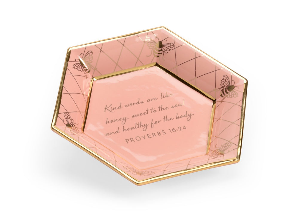 Chelsea House Honeycomb Coral Hex Plate By Shayla Copas – Gold Bee Border, Proverbs 16:24 Verse, Farmhouse Accent Decor 384941