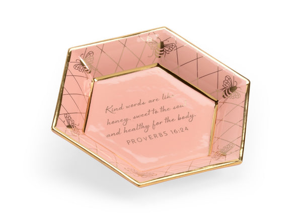 Chelsea House Honeycomb Coral Hex Plate By Shayla Copas – Gold Bee Border, Proverbs 16:24 Verse, Farmhouse Accent Decor 384941