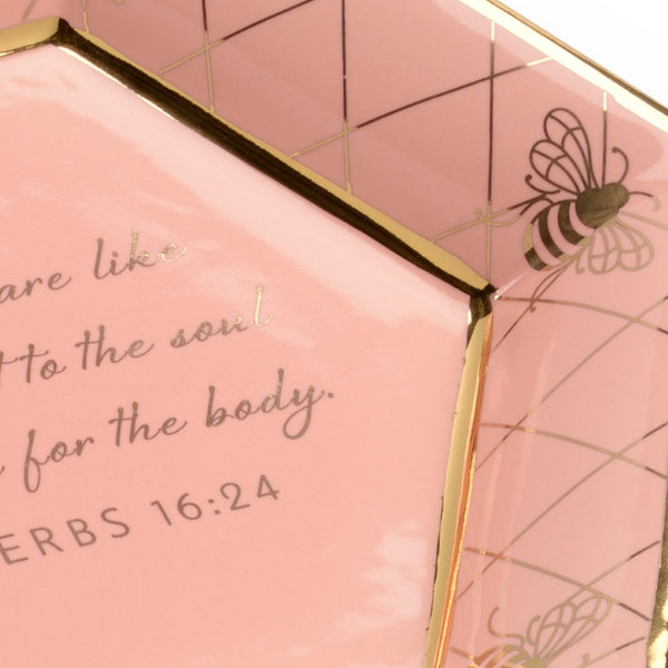 Chelsea House Honeycomb Coral Hex Plate By Shayla Copas – Gold Bee Border, Proverbs 16:24 Verse, Farmhouse Accent Decor 384941