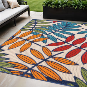 HomeRoots 5' Ivory and Blue Floral Area Rug - Durable Indoor Outdoor Design for Timeless Elegance and Comfort 5?x 8? Multicolored Leaves 384943