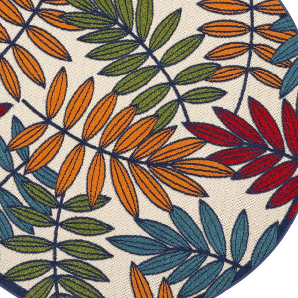 HomeRoots 5' Ivory and Blue Floral Area Rug - Durable Indoor Outdoor Design for Timeless Elegance and Comfort 5? Round Multicolored Leaves 384944