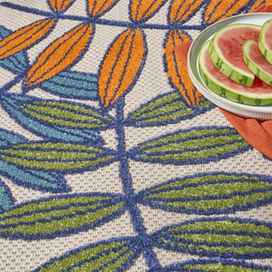 HomeRoots 5' Ivory and Blue Floral Area Rug - Durable Indoor Outdoor Design for Timeless Elegance and Comfort 5? Round Multicolored Leaves 384944