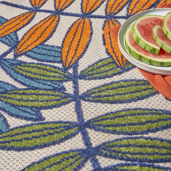 HomeRoots 5' Ivory and Blue Floral Area Rug - Durable Indoor Outdoor Design for Timeless Elegance and Comfort 5? Round Multicolored Leaves 384944