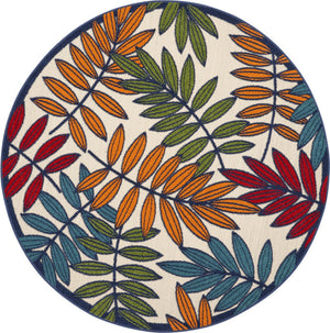 HomeRoots 5' Ivory and Blue Floral Area Rug - Durable Indoor Outdoor Design for Timeless Elegance and Comfort 5? Round Multicolored Leaves 384944