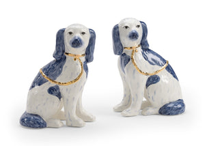 Chelsea House Roxie Staffordshire Dog Twins In Blue & Gold Glaze By Shayla Copas — Ceramic Mantel Figurines Pair 384945