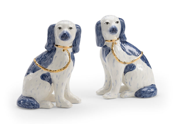 Chelsea House Roxie Staffordshire Dog Twins In Blue & Gold Glaze By Shayla Copas — Ceramic Mantel Figurines Pair 384945