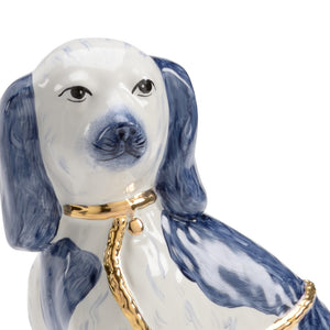 Chelsea House Roxie Staffordshire Dog Twins In Blue & Gold Glaze By Shayla Copas — Ceramic Mantel Figurines Pair 384945