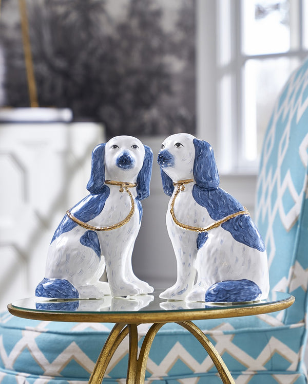 Chelsea House Roxie Staffordshire Dog Twins In Blue & Gold Glaze By Shayla Copas — Ceramic Mantel Figurines Pair 384945