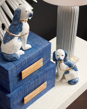 Chelsea House Roxie Staffordshire Dog Twins In Blue & Gold Glaze By Shayla Copas — Ceramic Mantel Figurines Pair 384945