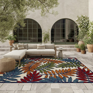 HomeRoots 5' Ivory and Blue Floral Area Rug - Durable Indoor Outdoor Design for Timeless Elegance and Comfort 7?x 10? Multicolored Leaves 384946