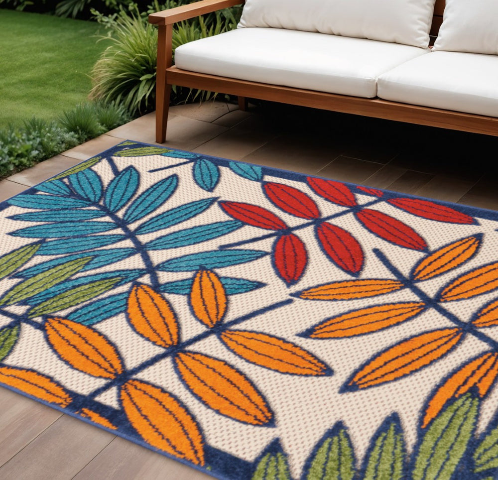 HomeRoots 5' Ivory and Blue Floral Area Rug - Durable Indoor Outdoor Design for Timeless Elegance and Comfort 8?x 11? Multicolored Leaves 384947