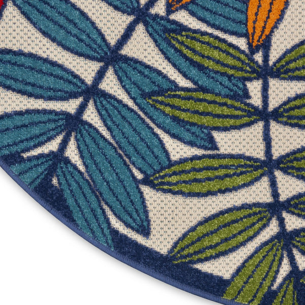 HomeRoots 5' Ivory and Blue Floral Area Rug - Durable Indoor Outdoor Design for Timeless Elegance and Comfort 8? Round Multicolored Leaves 384948