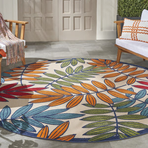 HomeRoots 5' Ivory and Blue Floral Area Rug - Durable Indoor Outdoor Design for Timeless Elegance and Comfort 8? Round Multicolored Leaves 384948