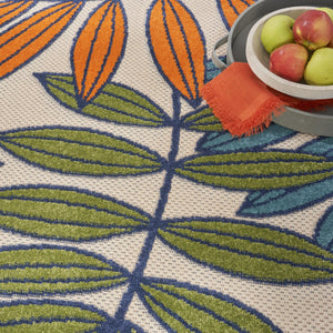 HomeRoots 5' Ivory and Blue Floral Area Rug - Durable Indoor Outdoor Design for Timeless Elegance and Comfort 8? Round Multicolored Leaves 384948