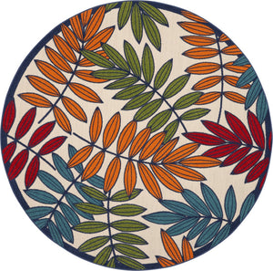 HomeRoots 5' Ivory and Blue Floral Area Rug - Durable Indoor Outdoor Design for Timeless Elegance and Comfort 8? Round Multicolored Leaves 384948