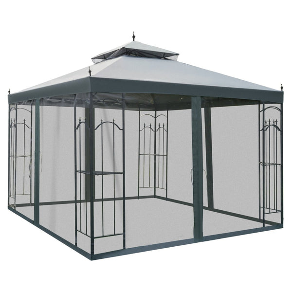 English Elm Gazebo Double Tier Vented Canopy with Steel Frame Mesh Walls and Weather Resistant Cover T3971P387907
