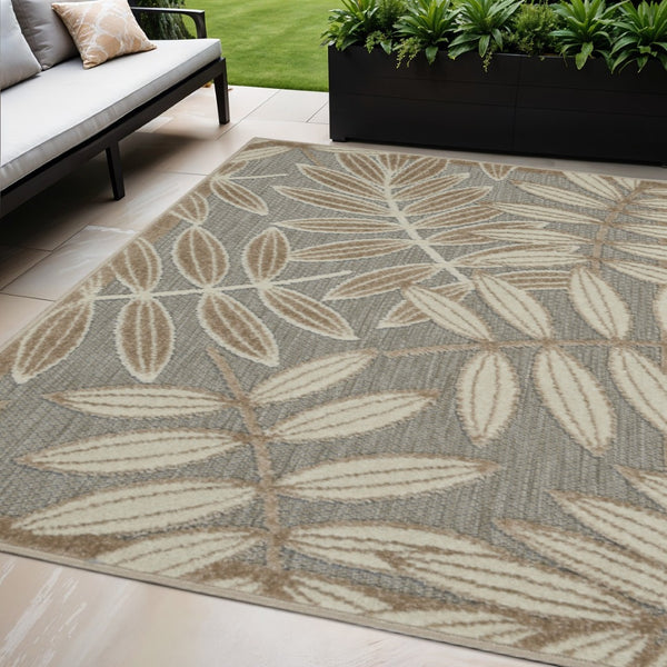 HomeRoots 5' Durable Botanical Leaves Area Rug - Stylish Beige, Gray & Ivory Design for Indoor & Outdoor Use 5' X 8' 384956