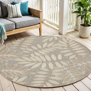 HomeRoots 5' Durable Botanical Leaves Area Rug - Stylish Beige, Gray & Ivory Design for Indoor & Outdoor Use 5' Round 384957