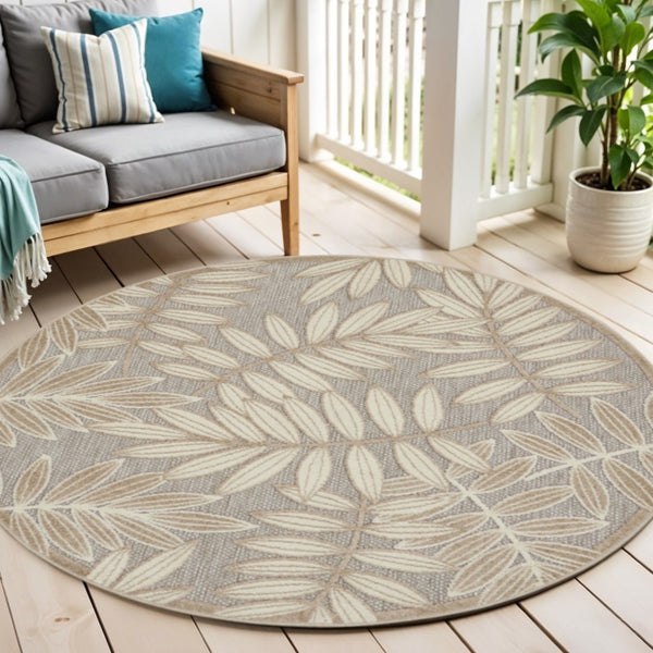 HomeRoots 5' Durable Botanical Leaves Area Rug - Stylish Beige, Gray & Ivory Design for Indoor & Outdoor Use 5' Round 384957