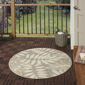 HomeRoots 5' Durable Botanical Leaves Area Rug - Stylish Beige, Gray & Ivory Design for Indoor & Outdoor Use 5' Round 384957