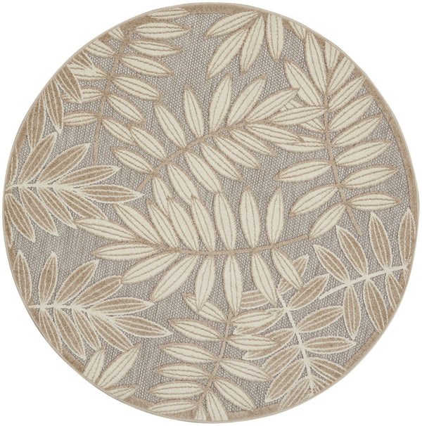 HomeRoots 5' Durable Botanical Leaves Area Rug - Stylish Beige, Gray & Ivory Design for Indoor & Outdoor Use 5' Round 384957