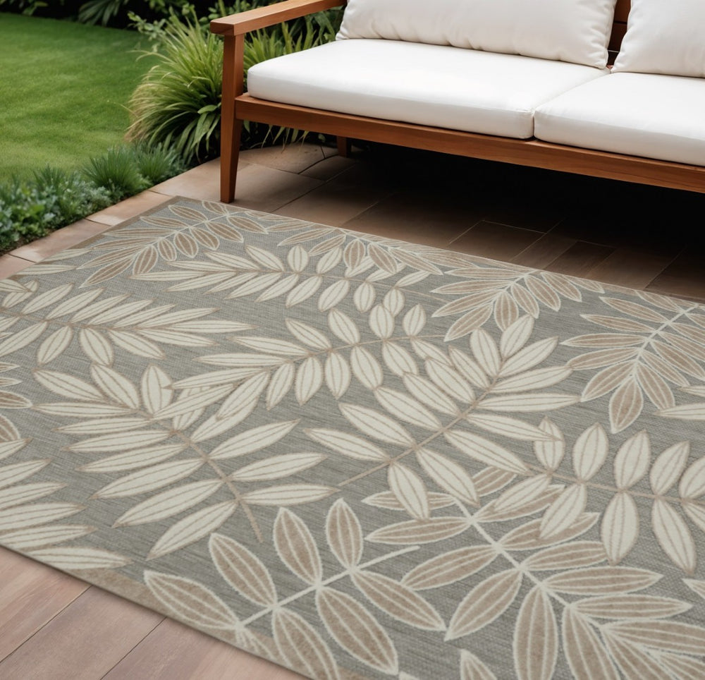 HomeRoots 5' Durable Botanical Leaves Area Rug - Stylish Beige, Gray & Ivory Design for Indoor & Outdoor Use 7' x 10' 384959