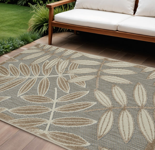 HomeRoots 5' Durable Botanical Leaves Area Rug - Stylish Beige, Gray & Ivory Design for Indoor & Outdoor Use 8' X 11' 384960