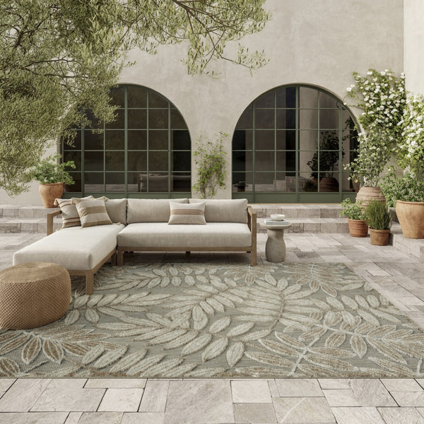 HomeRoots 5' Durable Botanical Leaves Area Rug - Stylish Beige, Gray & Ivory Design for Indoor & Outdoor Use 8' X 11' 384960