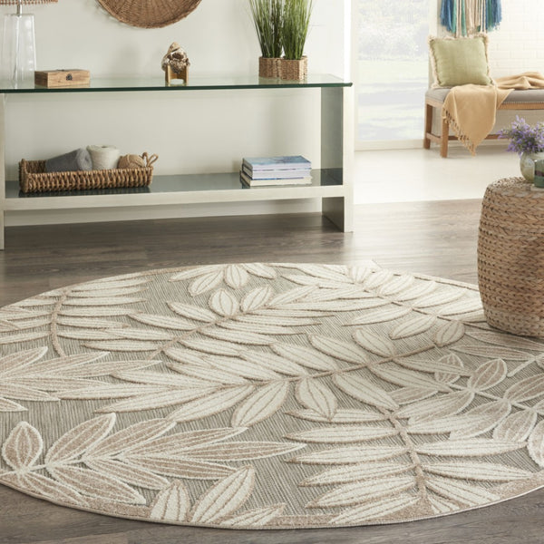 HomeRoots 5' Durable Botanical Leaves Area Rug - Stylish Beige, Gray & Ivory Design for Indoor & Outdoor Use 8' Round 384961