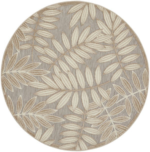 HomeRoots 5' Durable Botanical Leaves Area Rug - Stylish Beige, Gray & Ivory Design for Indoor & Outdoor Use 8' Round 384961