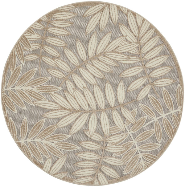 HomeRoots 5' Durable Botanical Leaves Area Rug - Stylish Beige, Gray & Ivory Design for Indoor & Outdoor Use 8' Round 384961