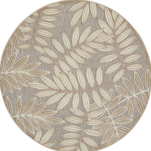 HomeRoots 5' Durable Botanical Leaves Area Rug - Stylish Beige, Gray & Ivory Design for Indoor & Outdoor Use 8' Round 384961