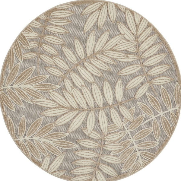 HomeRoots 5' Durable Botanical Leaves Area Rug - Stylish Beige, Gray & Ivory Design for Indoor & Outdoor Use 8' Round 384961