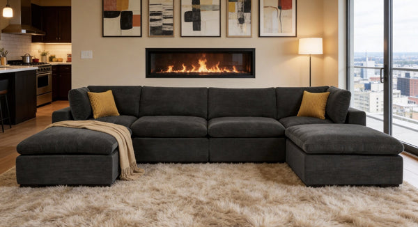 English Elm Modular Cloud Sectional Sofa Deep Seat U-shape Design for Large Living Rooms Dark Grey W5568S00008